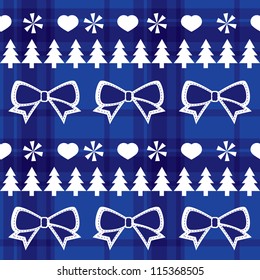 blue seamless Christmas pattern with Christmas trees, bows, hearts