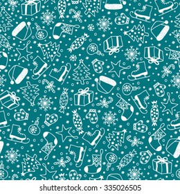 blue seamless Christmas pattern with white cartoon elements