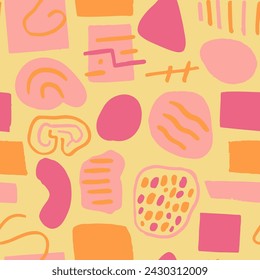 Blue Seamless Classic Artistic Scribble Silhouette. Yellow Continuous Abstract Retro Decor, Seamless Pattern. Pink Endless Elegant Decorative Element Paper