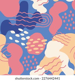 Blue Seamless Color Decorative Element Stripes. Pink Repetitive Round Hand Drawn Shape, Seamless Card. Light Seamless Summer Beauty Ornament Design