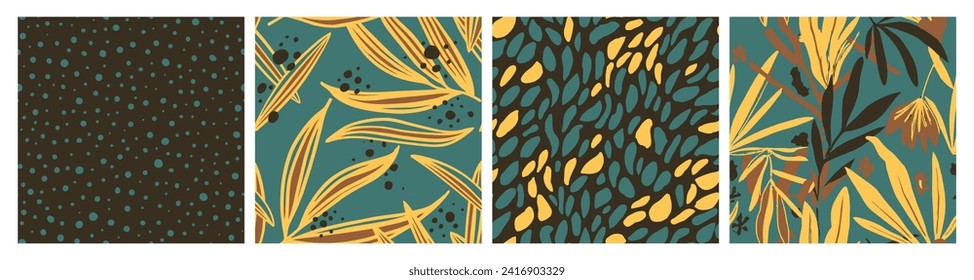 Blue Seamless Contemporary Natural Style Vector. Bright Repetitive Elegant Branch Fabrics, Seamless Collection. Yellow Repeated Abstract Artistic Leaves Texture. 