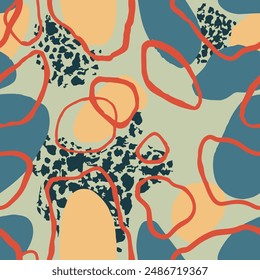Blue Seamless Creative Hand Drawn Shape Silhouette. Pastel Seamless Brushed Decorative Artwork, Seamless Wrapping. Orange Repetitive Grunge Graphic Element Design