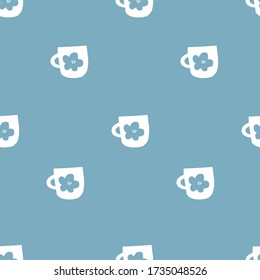 Blue Seamless daisy coffee tea cup pattern with flowers. Retro pattern. Tea party pattern. 
