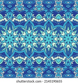 Blue seamless decor pattern vintage design. Wallpaper mandala fllower and geometric ornament style.