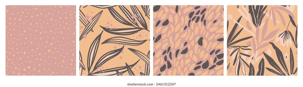 Blue Seamless Decoration Spring Ornament Design. Bright Repetitive Classic Organic Element, Seamless Set. Pink Endless Color Decorative Scribble Pattern. 