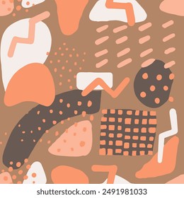 Blue Seamless Doodle Trendy Set Blob. Pink Repeated Round Vintage Lines, Seamless Design. Yellow Seamless Brushed Hand Drawn Ornament Print