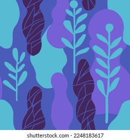 Blue Seamless Doodle Tropic Textile Pattern. Black Repetitive Summer Spring Leaves, Seamless Backdrop. Pastel Repeated Fashion Plant Style Design. 