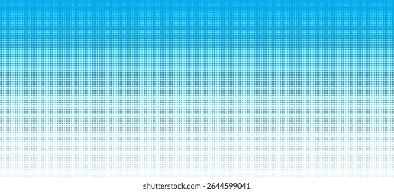 Blue seamless dotted halftone gradient border. Cyan color screen print vector halftone dot top to bottom gradation. Horizontal geometric background. Abstract pixelated CMYK effect screentone pattern