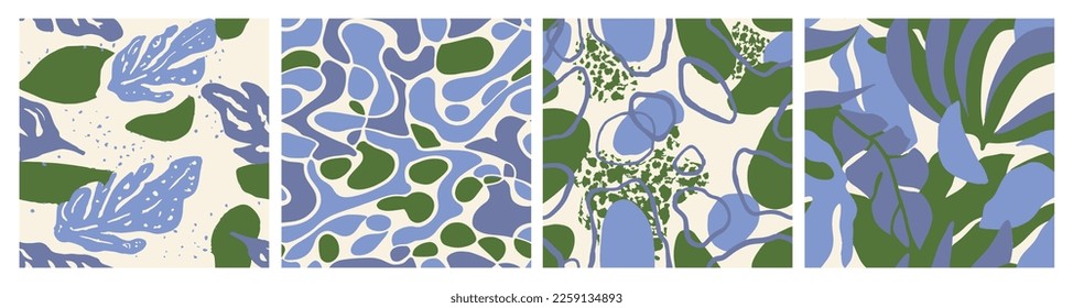 Blue Seamless Elegant Artistic Fabrics Background. Vivid Continuous Creative Tree Surface, Seamless Wallpaper. Black Seamless Summer Beautiful Leaves Set. 