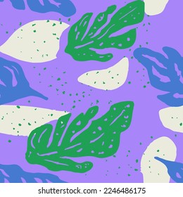 Blue Seamless Elegant Spring Leaves Art. Orange Endless Creative Modern Element, Seamless Background. Purple Seamless Abstract Tree Decor Pattern. 