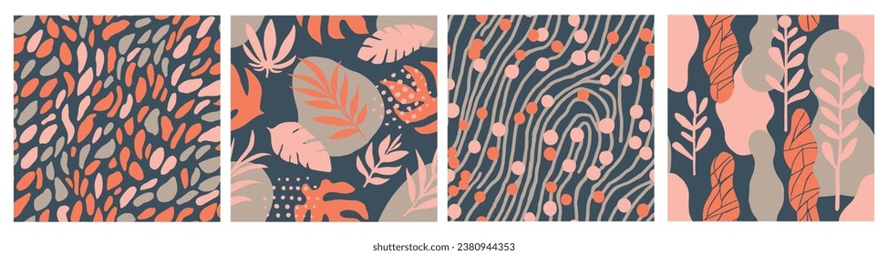 Blue Seamless Elegant Vintage Lines Pattern. Dark Seamless Creative Palm Leaves, Seamless Art. Pink Endless Fashion Modern Surface Collection. 