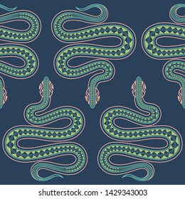 Blue seamless exotic pattern with snakes maori tattoo style. Animals background. Wildlife art illustration. Can be printed on T-shirts, bags, fabrics, posters, invitations, cards, paper, textile.
