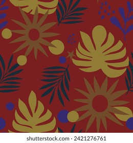 Blue Seamless Fashion Artistic Leaves Art. Light Repetitive Summer Foliage Textile, Seamless Vector. Orange Endless Abstract Beauty Style Print. 
