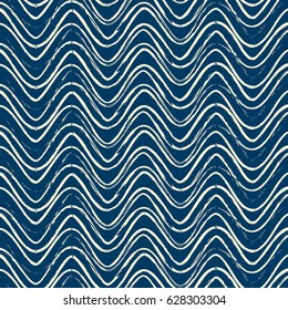 Blue seamless flat pattern with repeating ripple white lines in grunge style simulating volumetric effect vector illustration