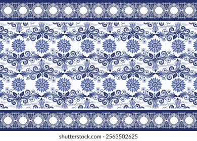 blue seamless floral border pattern vintage arabesque design elegant wallpaper textile print flower blossom bohemian fabric ornamental wedding summer printable pattern