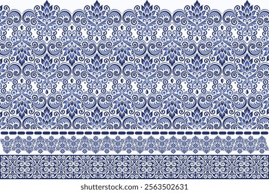 blue seamless floral border pattern vintage arabesque design elegant textile print flower blossom bohemian ethnic wallpaper fabric ornamental wedding summer invitation