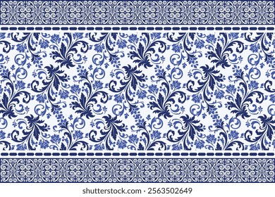 blue seamless floral border pattern vintage arabesque design elegant wallpaper textile print flower blossom bohemian ethnic fabric ornamental wedding summer invitation pattern