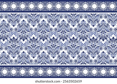 blue seamless floral border pattern vintage arabesque design elegant textile print flower blossom bohemian wedding invitation wallpaper fabric ornamental ethnic summer design