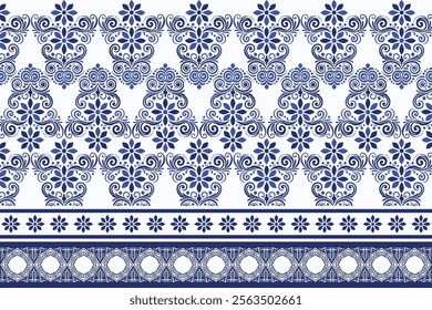 blue seamless floral border pattern vintage arabesque design elegant wallpaper textile print flower blossom bohemian ethnic summer wedding invitation fabric ornamental