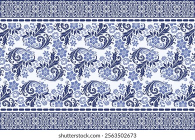 blue seamless floral border pattern vintage arabesque design elegant flower print wallpaper textile bohemian fabric wedding invitation summer ethnic ornamental design pattern