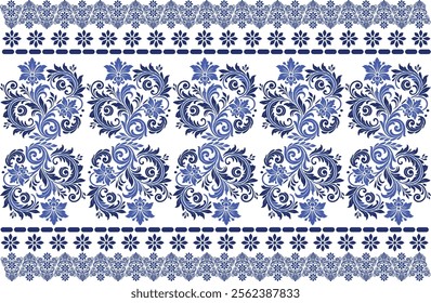blue seamless floral design with bold tulip shapes, delicate leaf accents, and a classic border for fabric background, textile prints, and refined pattern designs