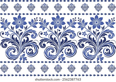 blue seamless floral design with vibrant tulip motifs, intricate leaf patterns, and a traditional frame for textile background, fabric prints, and classic decorative patterns