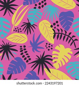 Blue Seamless Floral Fresh Monstera Element Print. Black Continuous Abstract Tropic Palm Lines Wallpaper. Dark Repetitive Color Tree Invitation Background.