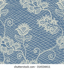 Blue seamless floral lace pattern, vintage background