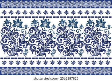 blue seamless floral pattern with blooming tulips, leafy vines, and a decorative border design for textile background, fabric prints, and classic pattern designs