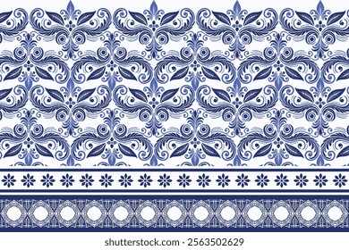 blue seamless floral pattern with border vintage arabesque design elegant textile print flower blossom bohemian wallpaper ornamental summer fabric pattern wedding invitation