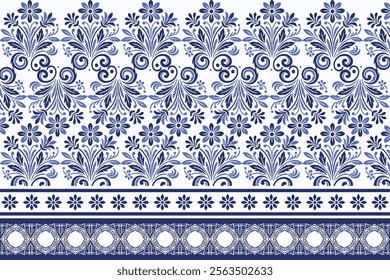 blue seamless floral pattern with border vintage arabesque design elegant textile print flower blossom bohemian ethnic wallpaper summer wedding invitation ornamental