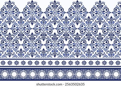 blue seamless floral pattern with border vintage antique arabesque design elegant wallpaper textile print flower blossom bohemian ethnic decoration summer wedding