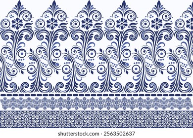 blue seamless floral pattern with border vintage floral design arabesque elegant textile print flower blossom bohemian ethnic wallpaper fabric ornamental wedding summer pattern