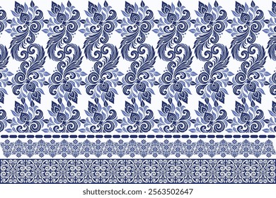 blue seamless floral pattern with border vintage arabesque design elegant wallpaper textile print flower blossom bohemian ethnic fabric ornamental summer pattern