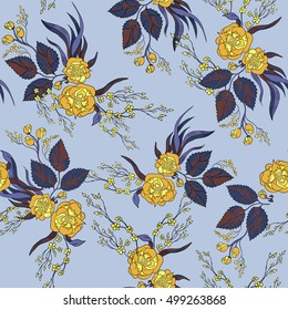 blue seamless floral pattern with bouquets of roses