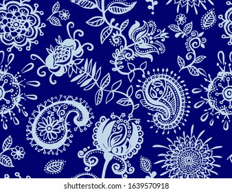 Blue seamless floral pattern. Decorative flowers and paisley wallpaper. Indian, arabain background. Two colors design for textile, fabric, cover, wrapping paper, backdrop, background. Vector stock