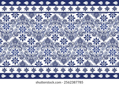 blue seamless floral pattern with delicate tulip blooms and decorative leaf accents featuring a classic border design for fabric textile background and trendy print patterns