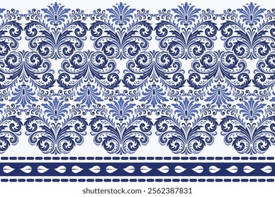 blue seamless floral pattern with detailed vintage tulip motifs ornamental leaves traditional border design for textile fabric fashion home decoration and decorative background prints