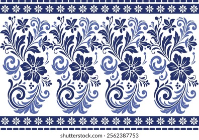 blue seamless floral pattern with elegant tulip designs, delicate leaf motifs, and a classic border for textile fabric background, vintage prints, and stylish patterns