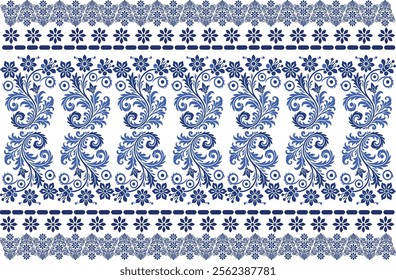 blue seamless floral pattern with elegant tulip petals, ornamental leaf designs, and a classic frame for fabric background, textile prints, and intricate pattern designs