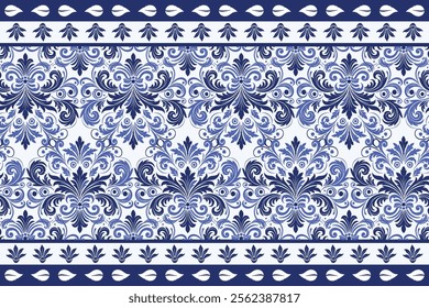 blue seamless floral pattern with elegant tulip flowers and ornamental leaf motifs with a classic border design for textile fabric background and stylish print design