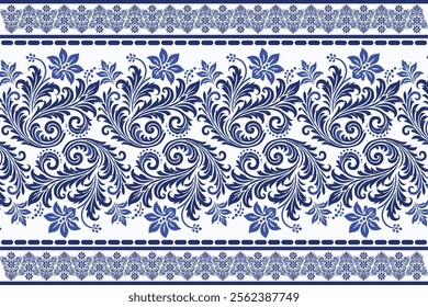 blue seamless floral pattern featuring vintage tulip motifs and ornamental leaves with a traditional border design for fabric textile background and fashion prints