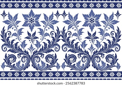 blue seamless floral pattern featuring tulip blossoms and leaf details with a traditional border for fabric background, textile prints, and classic design patterns