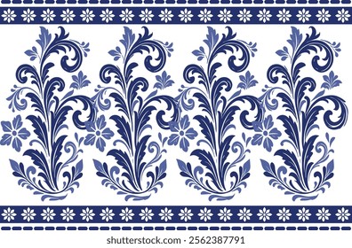 blue seamless floral pattern with graceful tulip motifs and decorative leaf designs with a vintage border for fabric, textile background, and unique print patterns