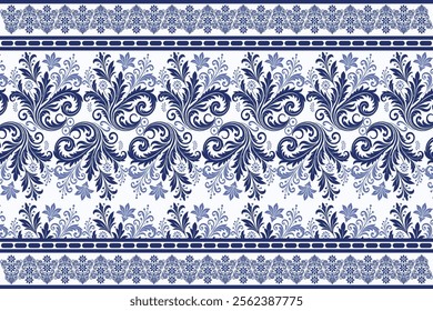 blue seamless floral pattern with intricate vintage tulip motifs classic ornamental leaves traditional border design for fabric textile and background