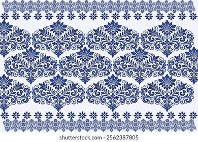 blue seamless floral pattern with intricate tulip flowers, leafy vines, and a traditional frame for fabric background, textile design, and timeless print motifs