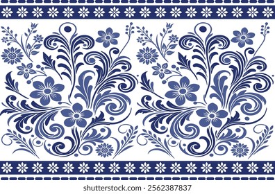 blue seamless floral pattern with intricate tulip illustrations and elegant leaf patterns framed by a traditional border for textile background and decorative fabric prints