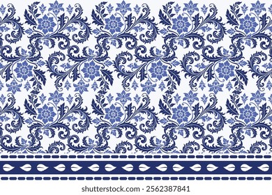 blue seamless floral pattern with intricate vintage tulip motifs classic ornamental leaves traditional border design for textile fabric fashion backgrounds and decorative prints