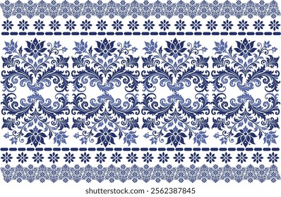 blue seamless floral pattern with intricate tulip motifs, elegant foliage details, and a vintage frame for textile background, fabric prints, and classic design patterns