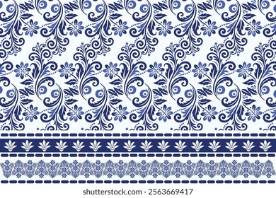 blue seamless floral pattern with intricate arabesque borders for vintage bohemian textile prints elegant wallpaper designs summer fashion and decorative carpet patterns